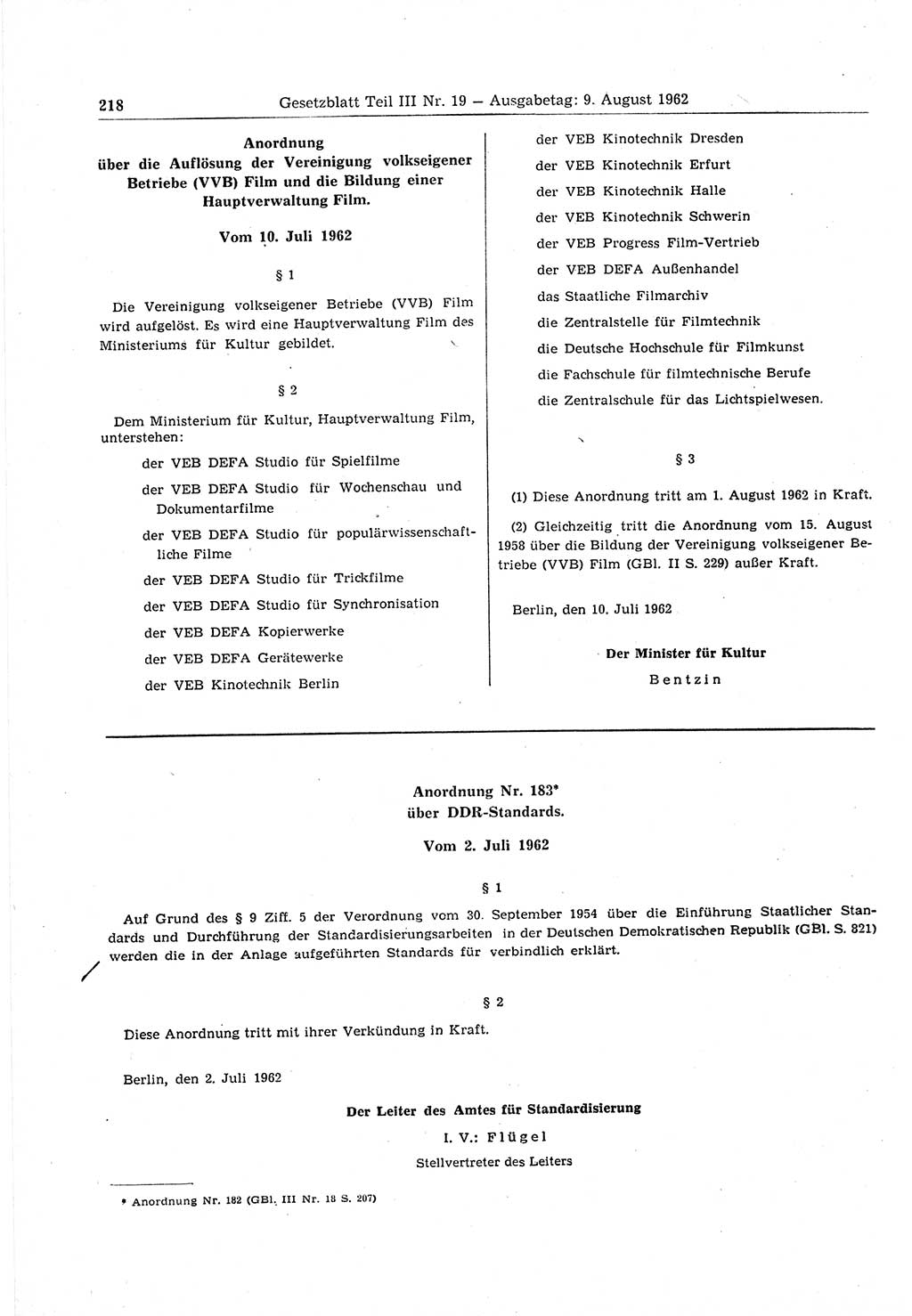 Gesetzblatt (GBl.) der Deutschen Demokratischen Republik (DDR) Teil ⅠⅠⅠ 1962, Seite 218 (GBl. DDR ⅠⅠⅠ 1962, S. 218)