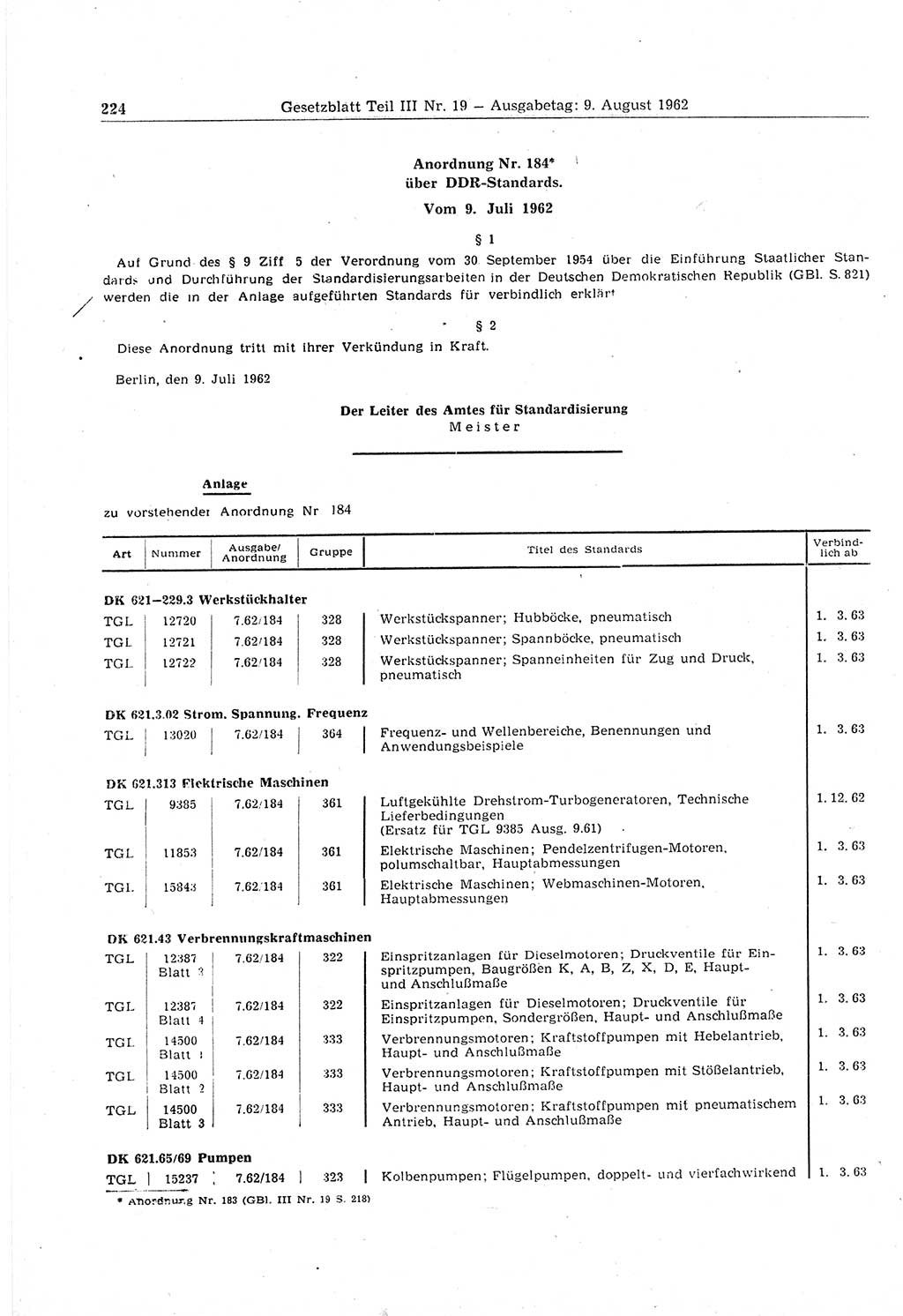 Gesetzblatt (GBl.) der Deutschen Demokratischen Republik (DDR) Teil ⅠⅠⅠ 1962, Seite 224 (GBl. DDR ⅠⅠⅠ 1962, S. 224)