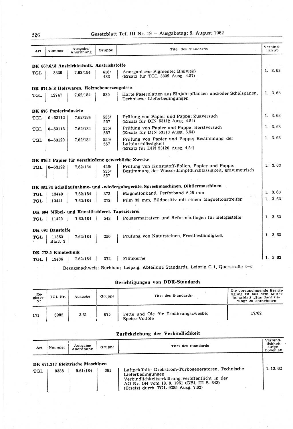 Gesetzblatt (GBl.) der Deutschen Demokratischen Republik (DDR) Teil ⅠⅠⅠ 1962, Seite 226 (GBl. DDR ⅠⅠⅠ 1962, S. 226)