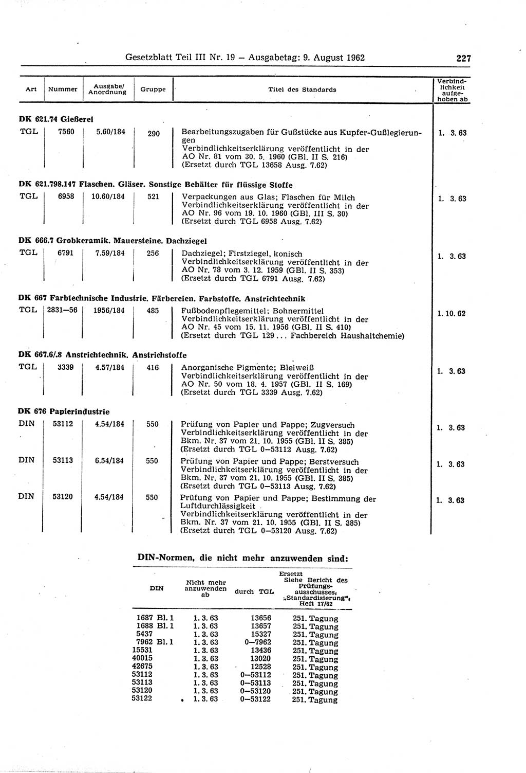 Gesetzblatt (GBl.) der Deutschen Demokratischen Republik (DDR) Teil ⅠⅠⅠ 1962, Seite 227 (GBl. DDR ⅠⅠⅠ 1962, S. 227)