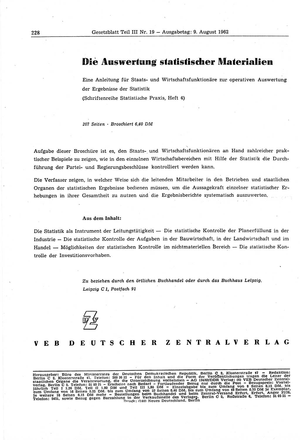 Gesetzblatt (GBl.) der Deutschen Demokratischen Republik (DDR) Teil ⅠⅠⅠ 1962, Seite 228 (GBl. DDR ⅠⅠⅠ 1962, S. 228)