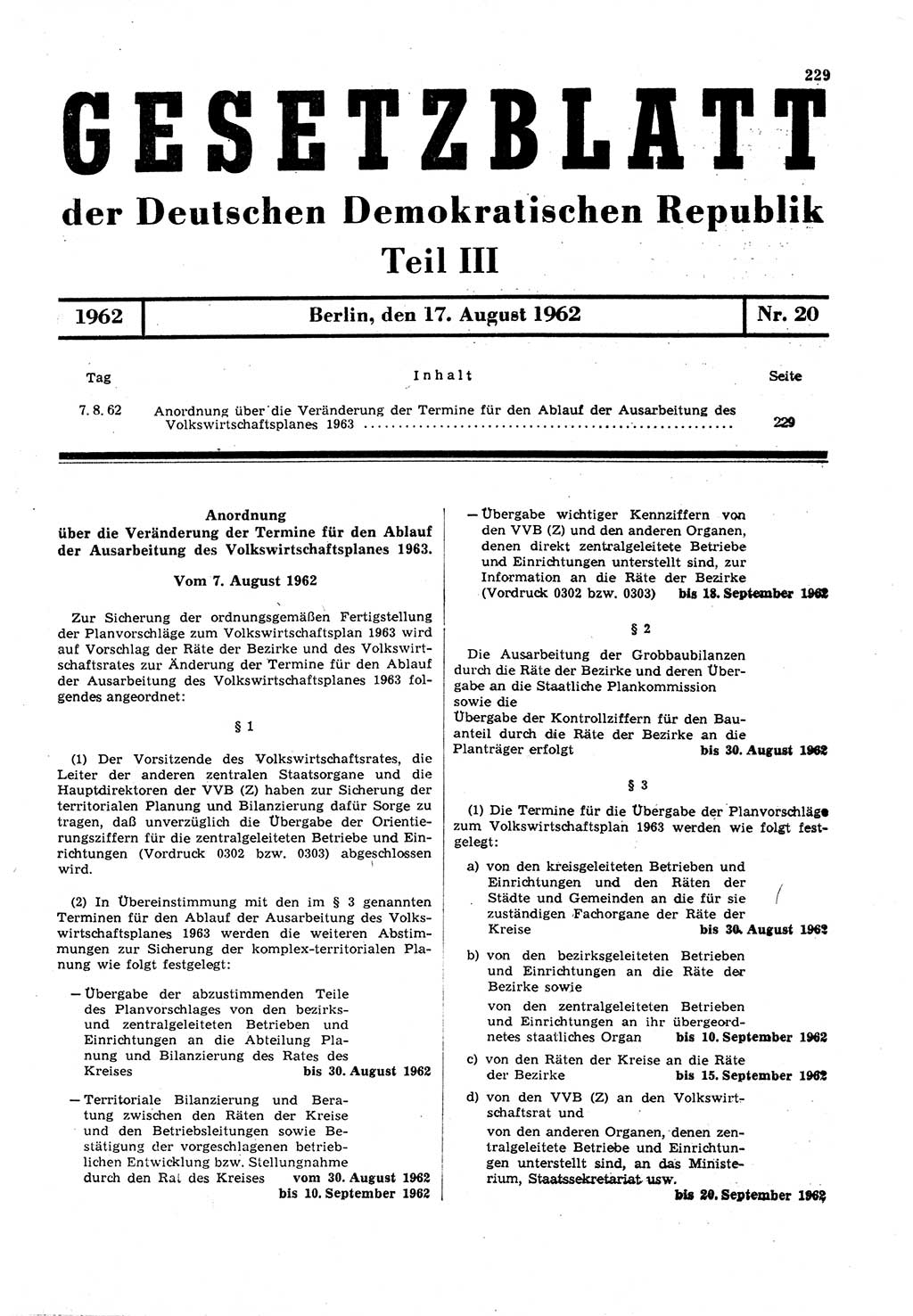 Gesetzblatt (GBl.) der Deutschen Demokratischen Republik (DDR) Teil ⅠⅠⅠ 1962, Seite 229 (GBl. DDR ⅠⅠⅠ 1962, S. 229)