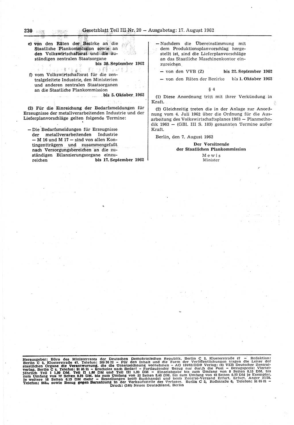 Gesetzblatt (GBl.) der Deutschen Demokratischen Republik (DDR) Teil ⅠⅠⅠ 1962, Seite 230 (GBl. DDR ⅠⅠⅠ 1962, S. 230)