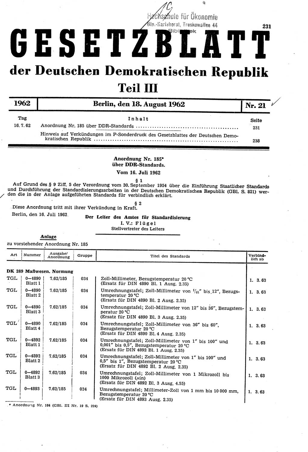 Gesetzblatt (GBl.) der Deutschen Demokratischen Republik (DDR) Teil ⅠⅠⅠ 1962, Seite 231 (GBl. DDR ⅠⅠⅠ 1962, S. 231)