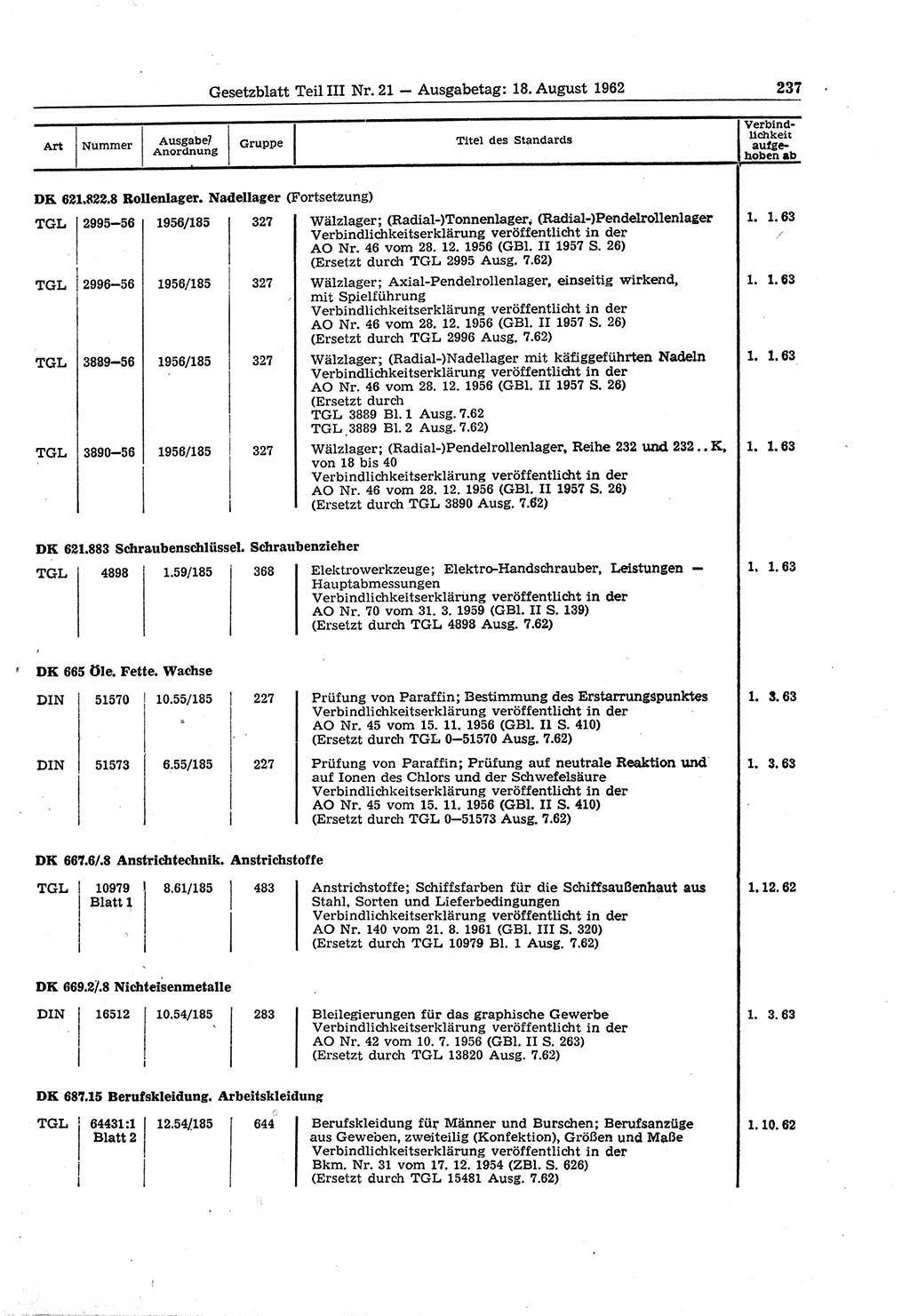 Gesetzblatt (GBl.) der Deutschen Demokratischen Republik (DDR) Teil ⅠⅠⅠ 1962, Seite 237 (GBl. DDR ⅠⅠⅠ 1962, S. 237)