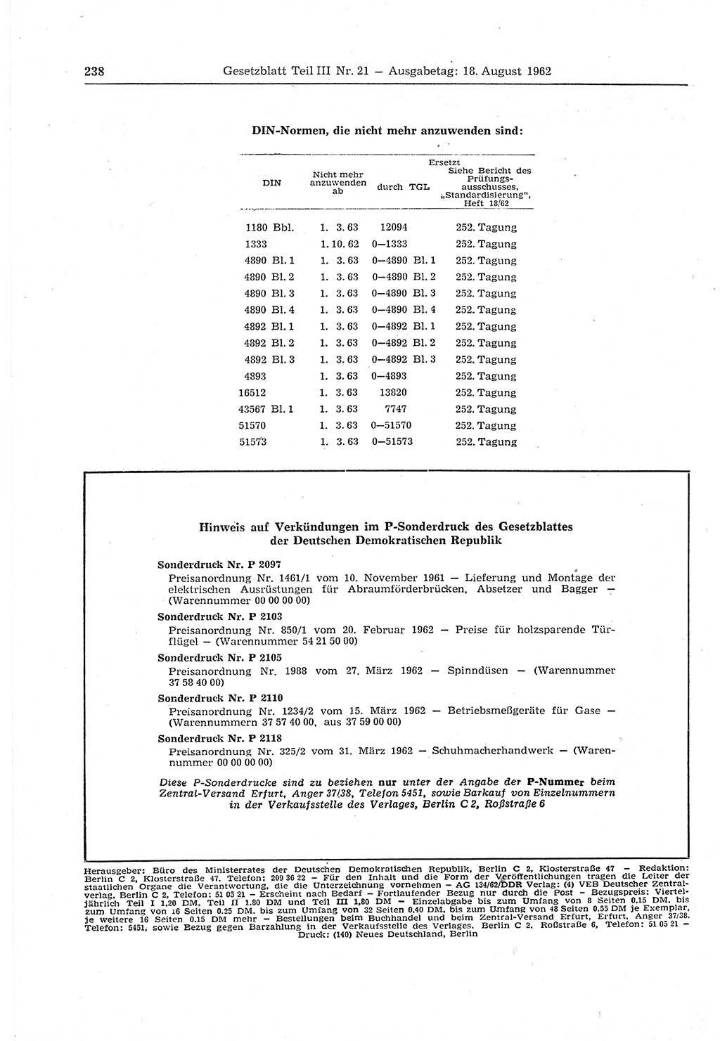 Gesetzblatt (GBl.) der Deutschen Demokratischen Republik (DDR) Teil ⅠⅠⅠ 1962, Seite 238 (GBl. DDR ⅠⅠⅠ 1962, S. 238)