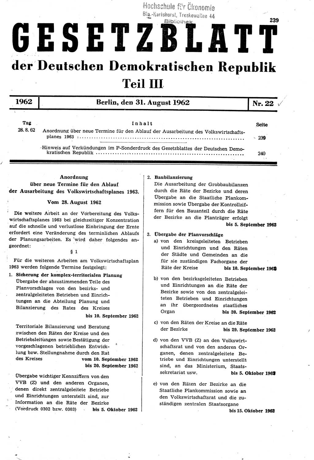 Gesetzblatt (GBl.) der Deutschen Demokratischen Republik (DDR) Teil ⅠⅠⅠ 1962, Seite 239 (GBl. DDR ⅠⅠⅠ 1962, S. 239)
