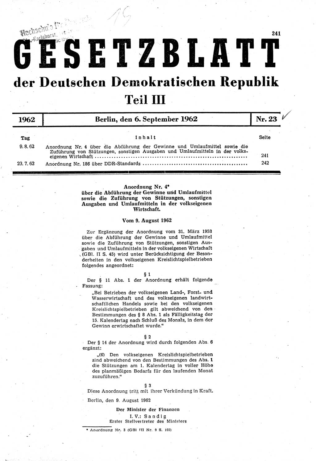 Gesetzblatt (GBl.) der Deutschen Demokratischen Republik (DDR) Teil ⅠⅠⅠ 1962, Seite 241 (GBl. DDR ⅠⅠⅠ 1962, S. 241)