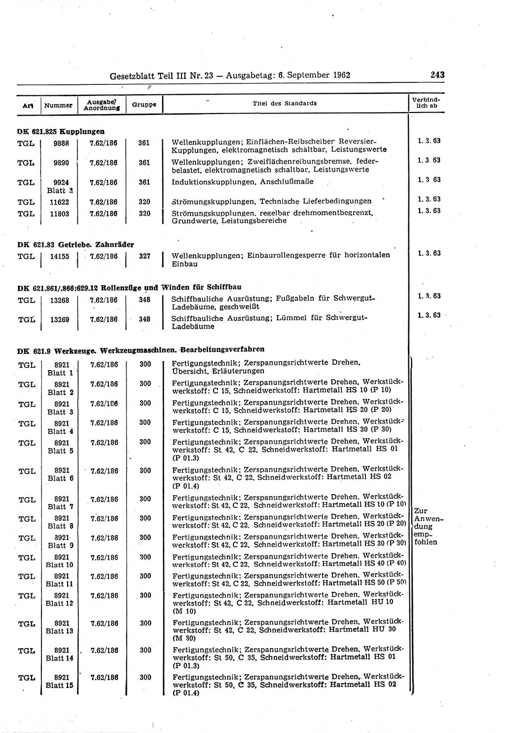 Gesetzblatt (GBl.) der Deutschen Demokratischen Republik (DDR) Teil ⅠⅠⅠ 1962, Seite 243 (GBl. DDR ⅠⅠⅠ 1962, S. 243)