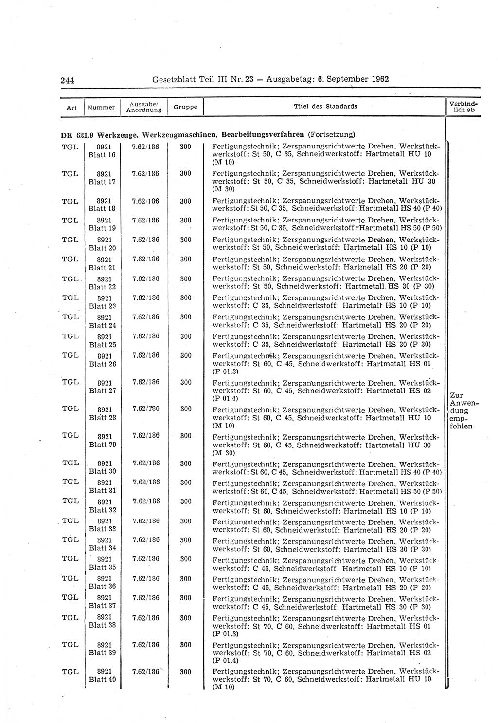 Gesetzblatt (GBl.) der Deutschen Demokratischen Republik (DDR) Teil ⅠⅠⅠ 1962, Seite 244 (GBl. DDR ⅠⅠⅠ 1962, S. 244)