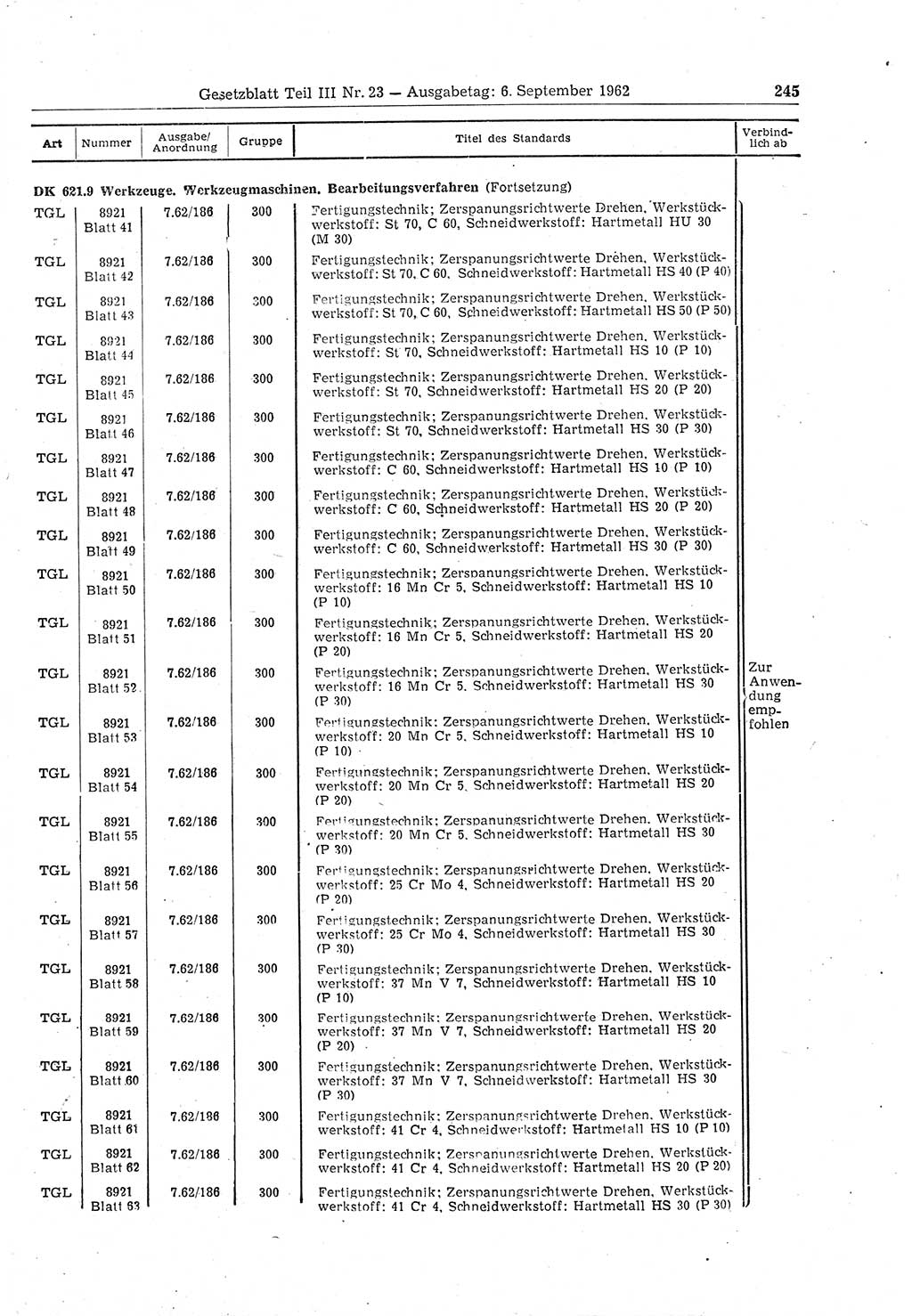 Gesetzblatt (GBl.) der Deutschen Demokratischen Republik (DDR) Teil ⅠⅠⅠ 1962, Seite 245 (GBl. DDR ⅠⅠⅠ 1962, S. 245)
