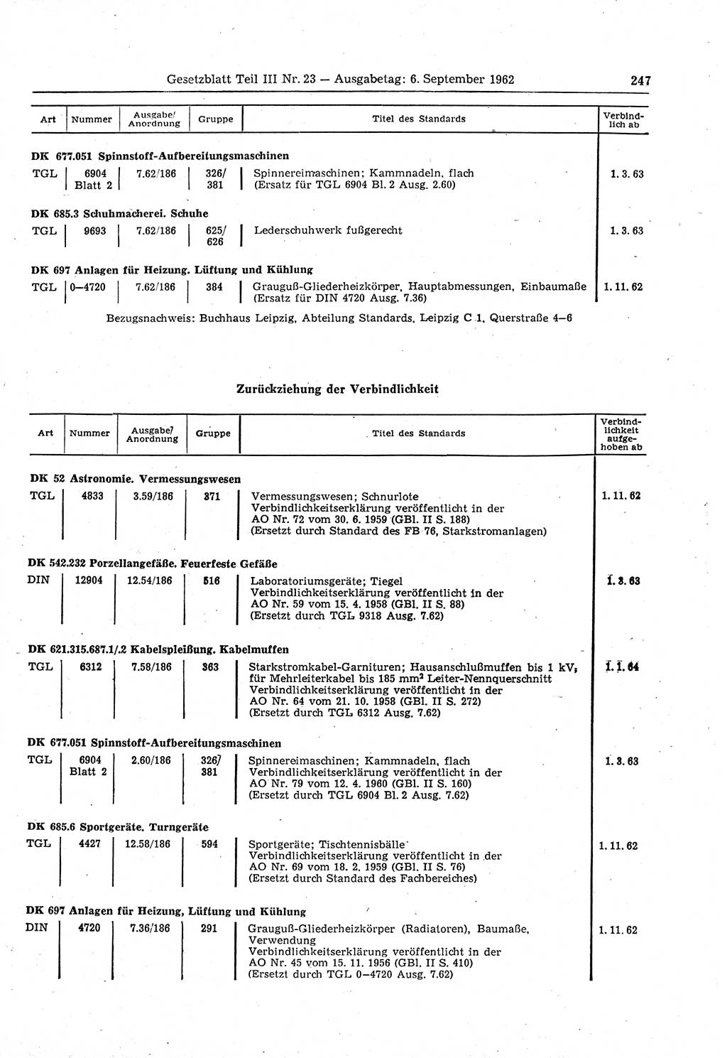 Gesetzblatt (GBl.) der Deutschen Demokratischen Republik (DDR) Teil ⅠⅠⅠ 1962, Seite 247 (GBl. DDR ⅠⅠⅠ 1962, S. 247)