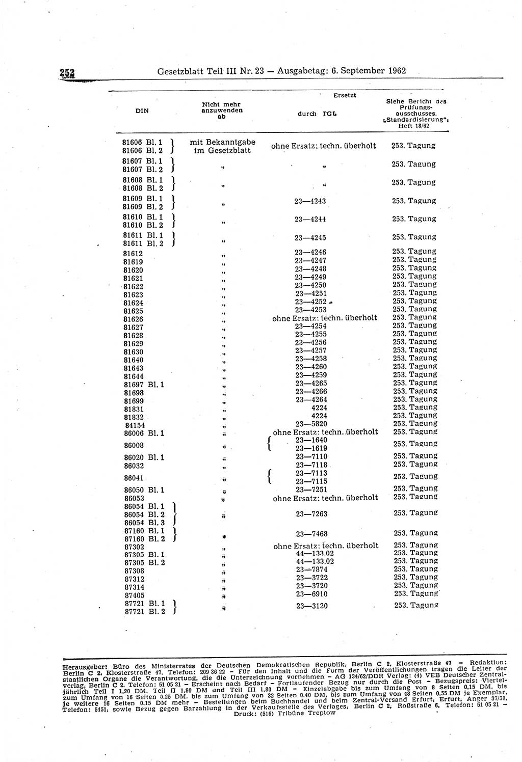 Gesetzblatt (GBl.) der Deutschen Demokratischen Republik (DDR) Teil ⅠⅠⅠ 1962, Seite 252 (GBl. DDR ⅠⅠⅠ 1962, S. 252)