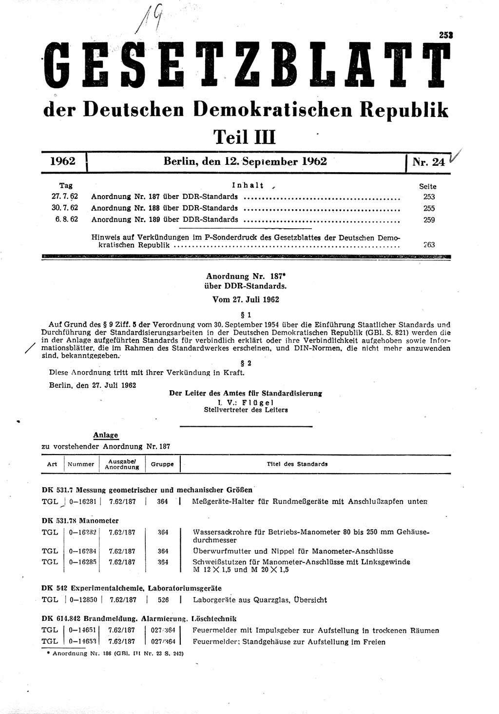 Gesetzblatt (GBl.) der Deutschen Demokratischen Republik (DDR) Teil ⅠⅠⅠ 1962, Seite 253 (GBl. DDR ⅠⅠⅠ 1962, S. 253)