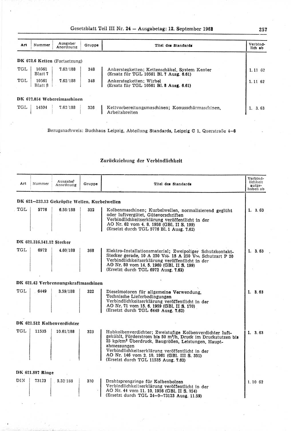 Gesetzblatt (GBl.) der Deutschen Demokratischen Republik (DDR) Teil ⅠⅠⅠ 1962, Seite 257 (GBl. DDR ⅠⅠⅠ 1962, S. 257)