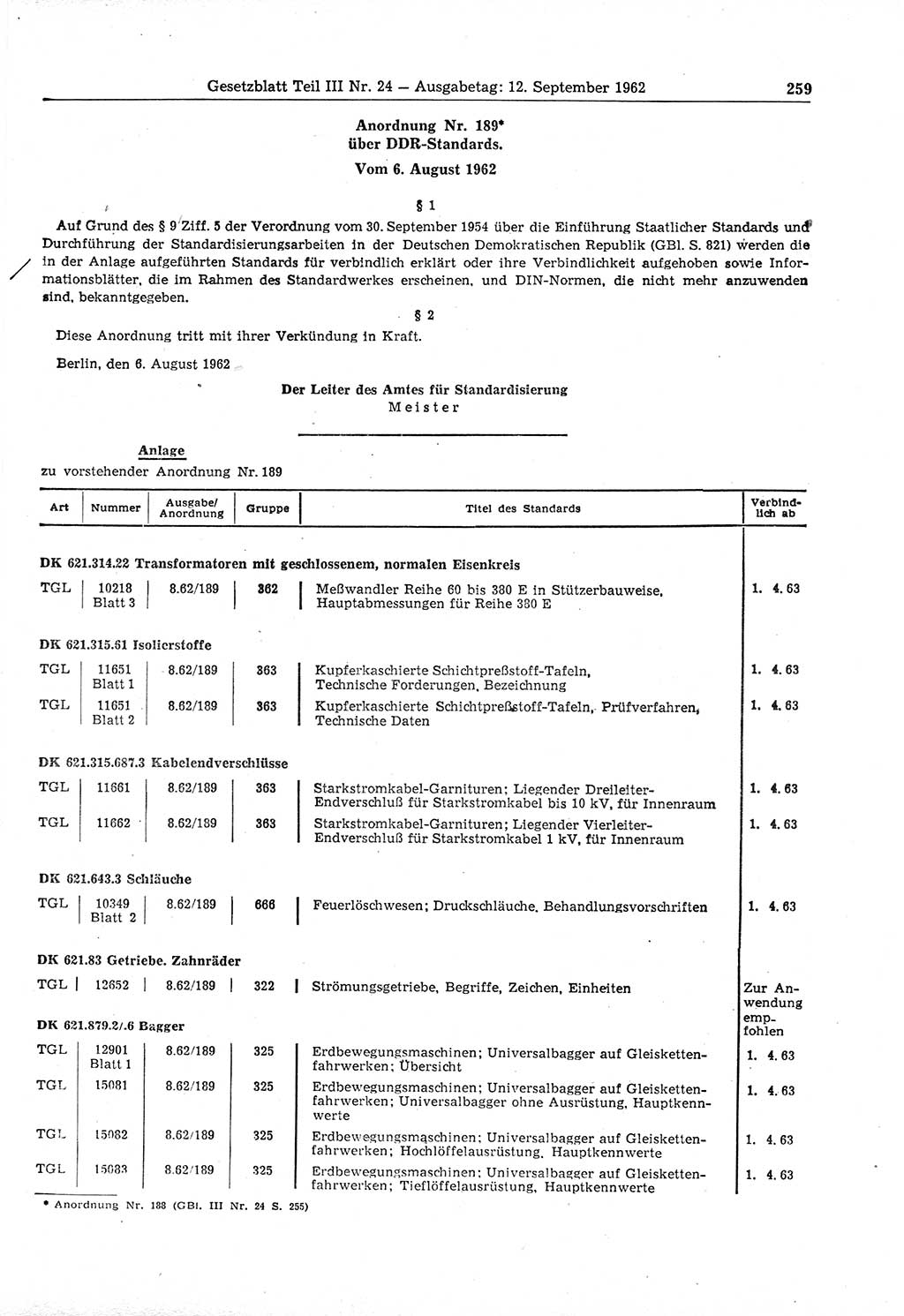 Gesetzblatt (GBl.) der Deutschen Demokratischen Republik (DDR) Teil ⅠⅠⅠ 1962, Seite 259 (GBl. DDR ⅠⅠⅠ 1962, S. 259)