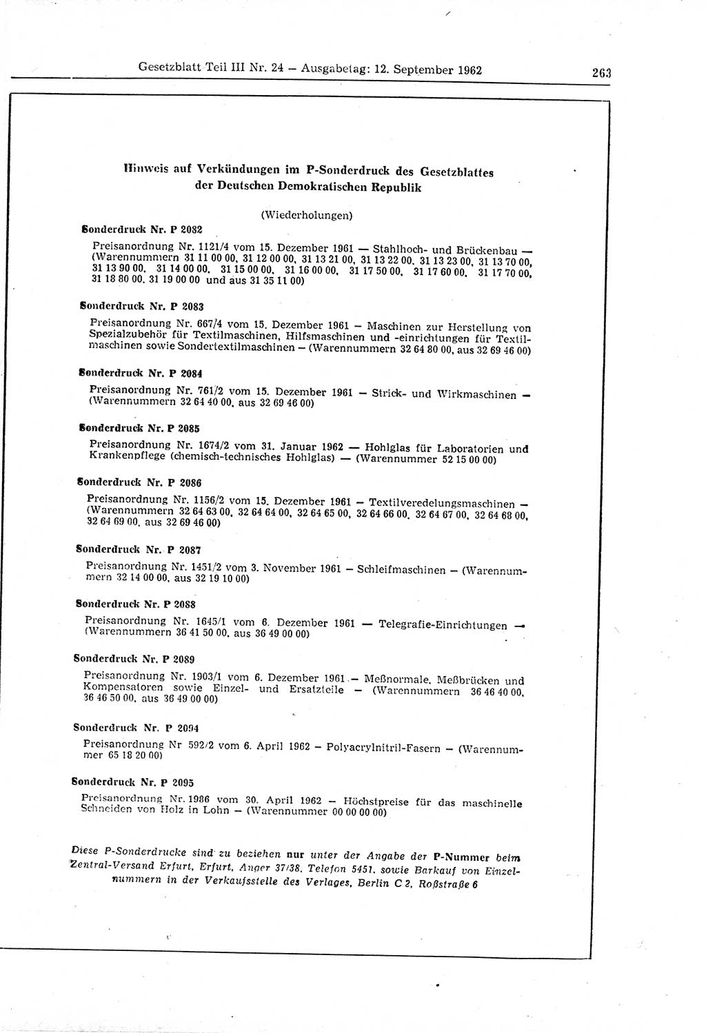 Gesetzblatt (GBl.) der Deutschen Demokratischen Republik (DDR) Teil ⅠⅠⅠ 1962, Seite 263 (GBl. DDR ⅠⅠⅠ 1962, S. 263)