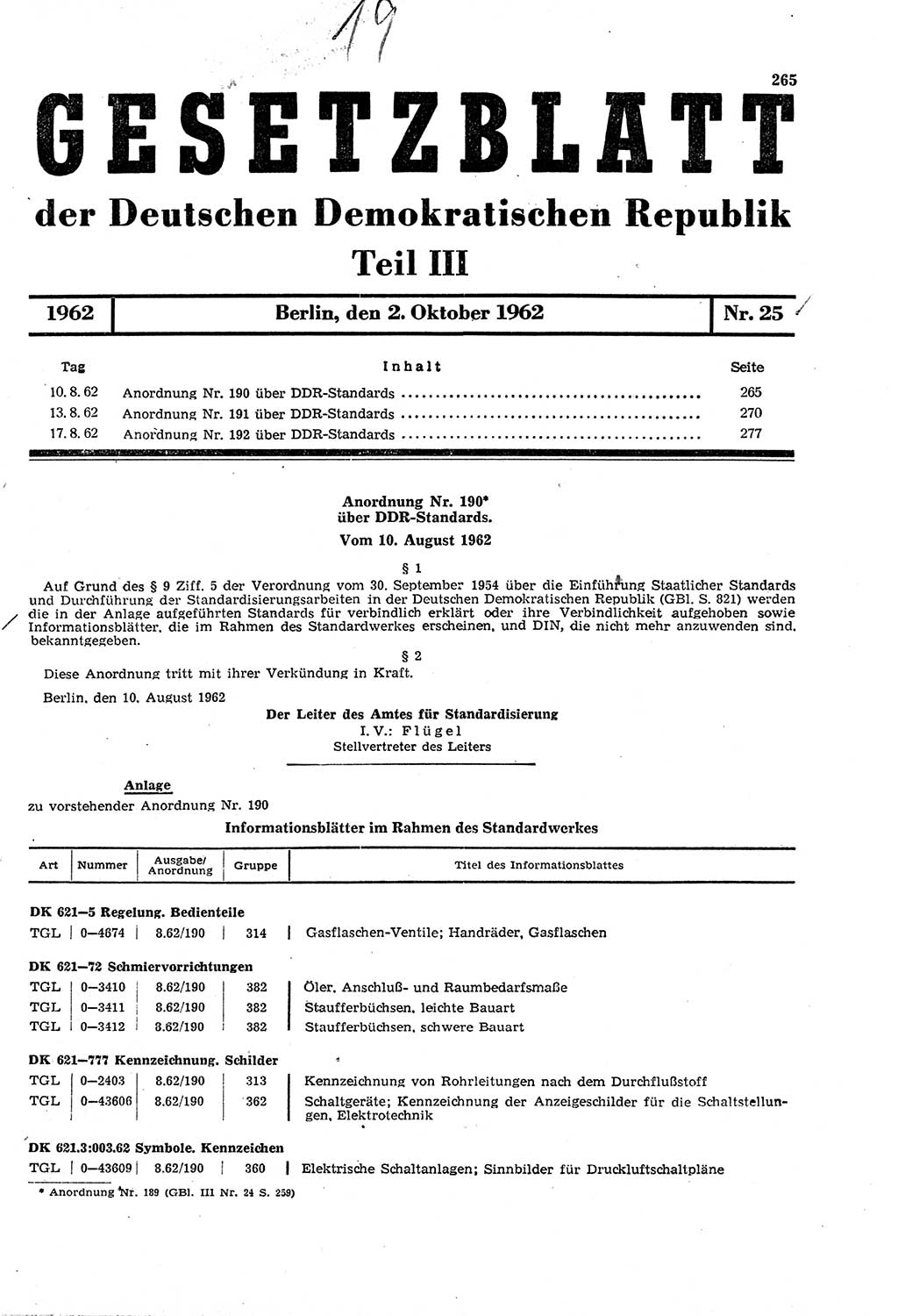 Gesetzblatt (GBl.) der Deutschen Demokratischen Republik (DDR) Teil ⅠⅠⅠ 1962, Seite 265 (GBl. DDR ⅠⅠⅠ 1962, S. 265)