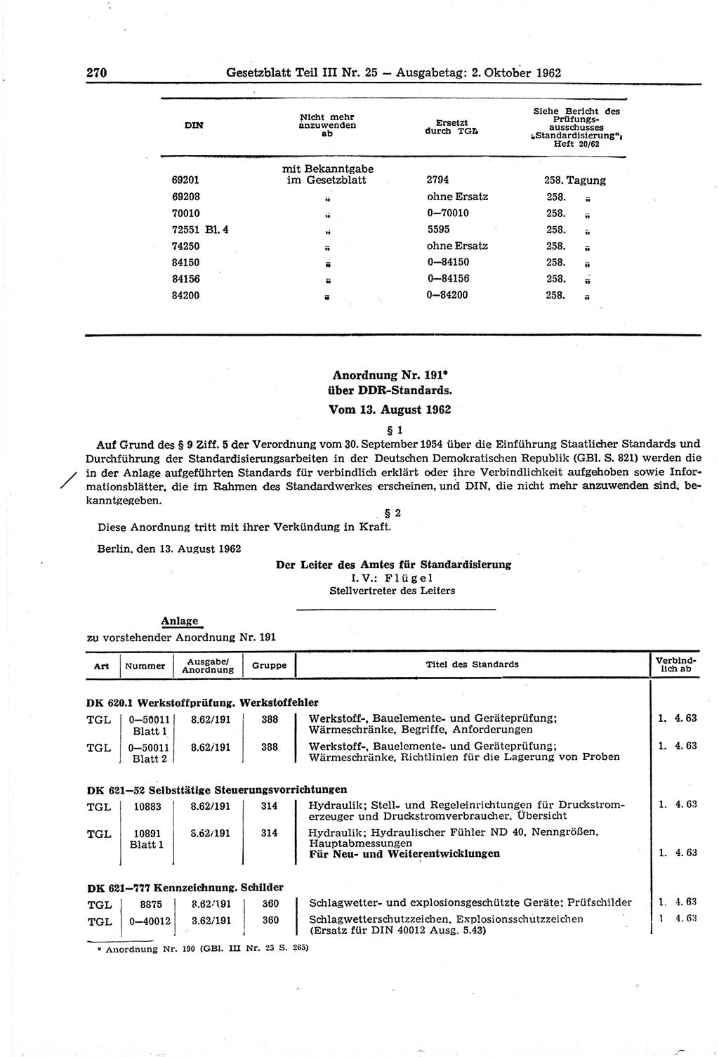 Gesetzblatt (GBl.) der Deutschen Demokratischen Republik (DDR) Teil ⅠⅠⅠ 1962, Seite 270 (GBl. DDR ⅠⅠⅠ 1962, S. 270)