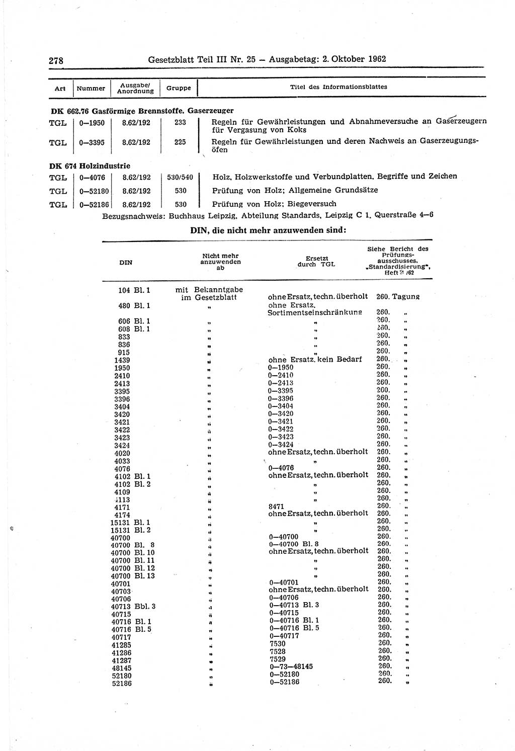 Gesetzblatt (GBl.) der Deutschen Demokratischen Republik (DDR) Teil ⅠⅠⅠ 1962, Seite 278 (GBl. DDR ⅠⅠⅠ 1962, S. 278)