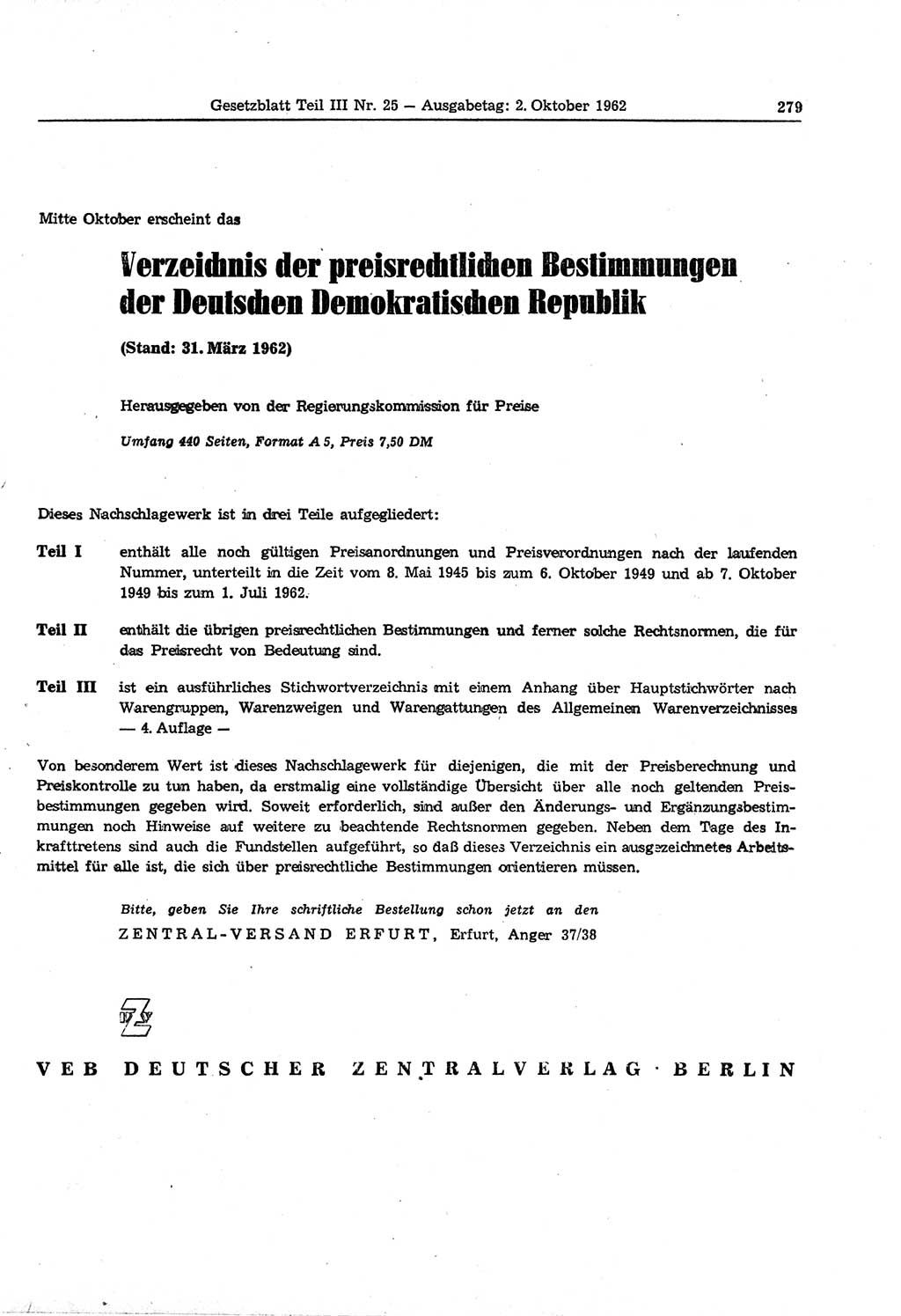 Gesetzblatt (GBl.) der Deutschen Demokratischen Republik (DDR) Teil ⅠⅠⅠ 1962, Seite 279 (GBl. DDR ⅠⅠⅠ 1962, S. 279)