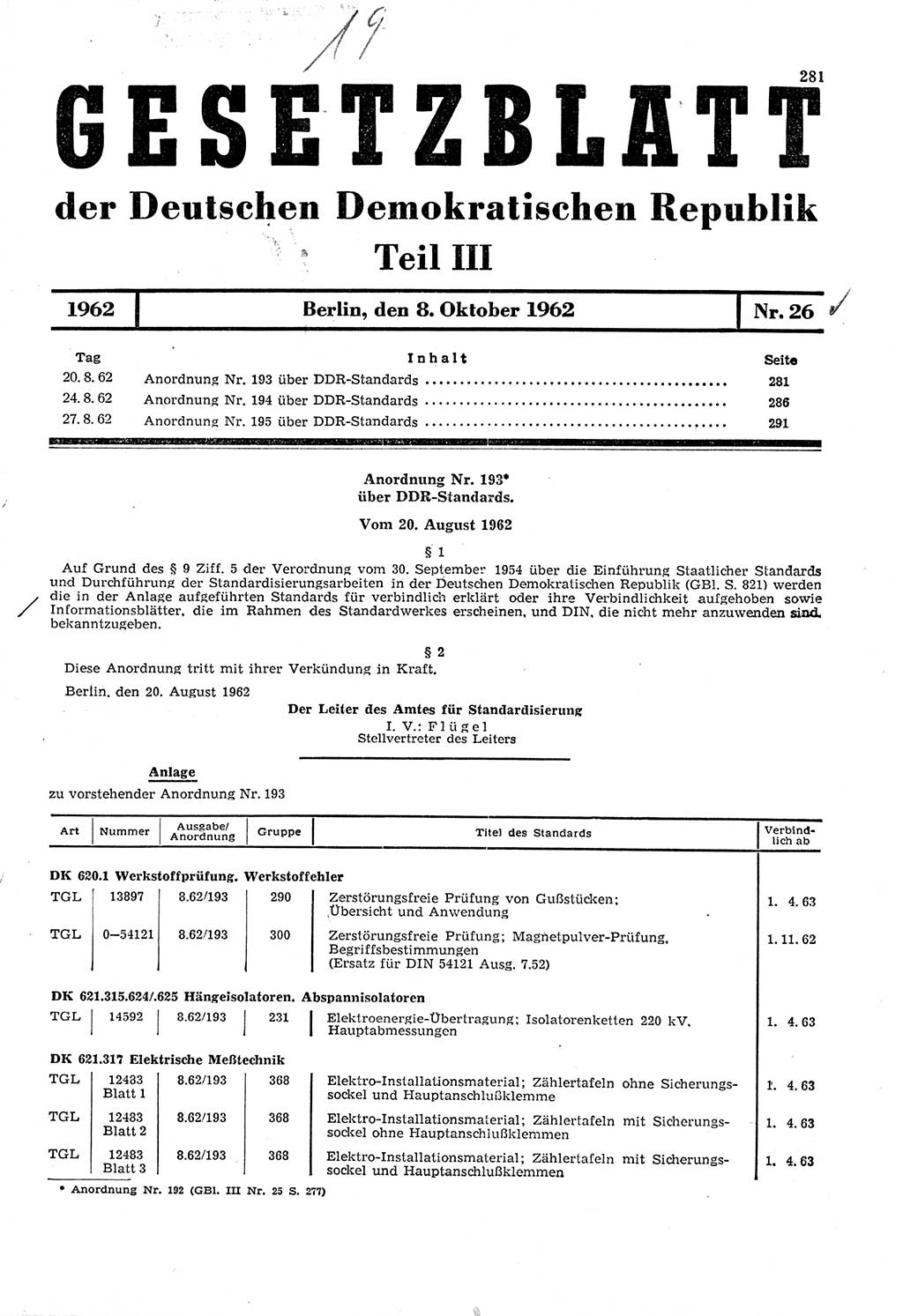 Gesetzblatt (GBl.) der Deutschen Demokratischen Republik (DDR) Teil ⅠⅠⅠ 1962, Seite 281 (GBl. DDR ⅠⅠⅠ 1962, S. 281)