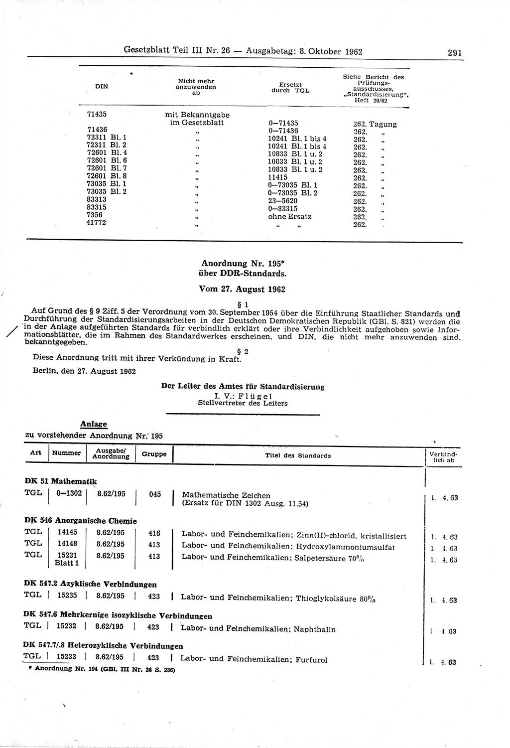 Gesetzblatt (GBl.) der Deutschen Demokratischen Republik (DDR) Teil ⅠⅠⅠ 1962, Seite 291 (GBl. DDR ⅠⅠⅠ 1962, S. 291)