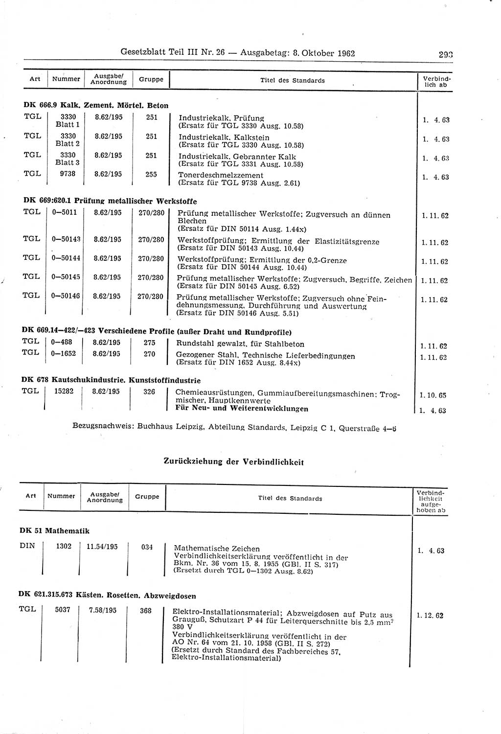 Gesetzblatt (GBl.) der Deutschen Demokratischen Republik (DDR) Teil ⅠⅠⅠ 1962, Seite 293 (GBl. DDR ⅠⅠⅠ 1962, S. 293)