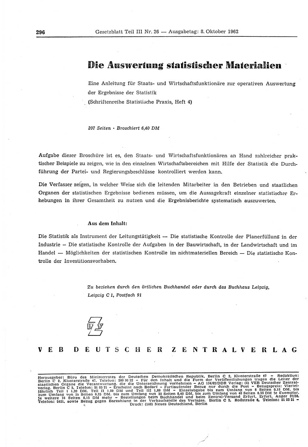 Gesetzblatt (GBl.) der Deutschen Demokratischen Republik (DDR) Teil ⅠⅠⅠ 1962, Seite 296 (GBl. DDR ⅠⅠⅠ 1962, S. 296)