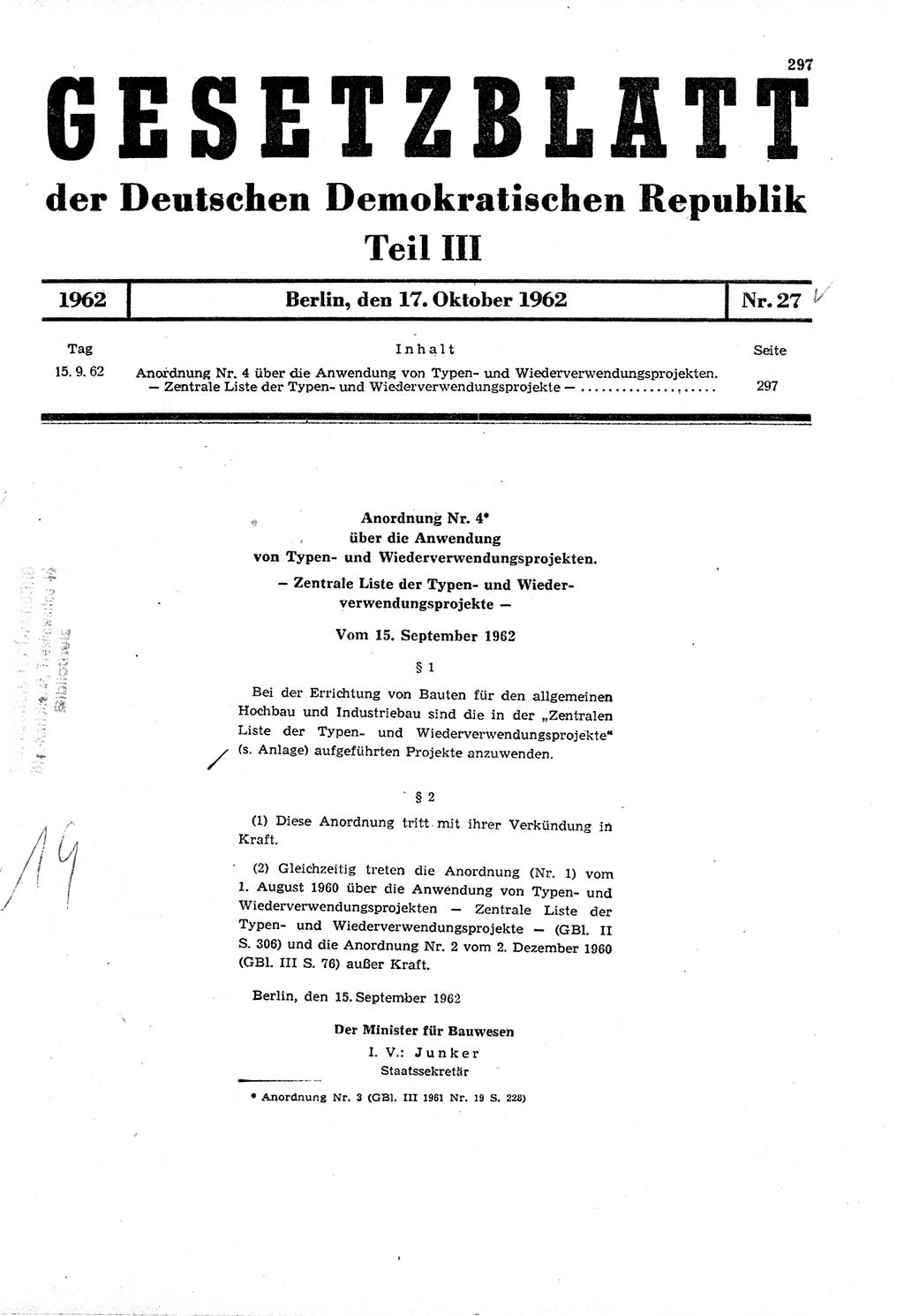 Gesetzblatt (GBl.) der Deutschen Demokratischen Republik (DDR) Teil ⅠⅠⅠ 1962, Seite 297 (GBl. DDR ⅠⅠⅠ 1962, S. 297)
