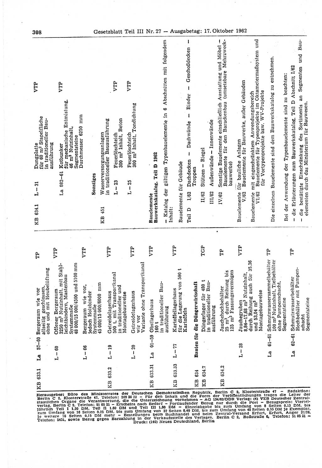 Gesetzblatt (GBl.) der Deutschen Demokratischen Republik (DDR) Teil ⅠⅠⅠ 1962, Seite 308 (GBl. DDR ⅠⅠⅠ 1962, S. 308)