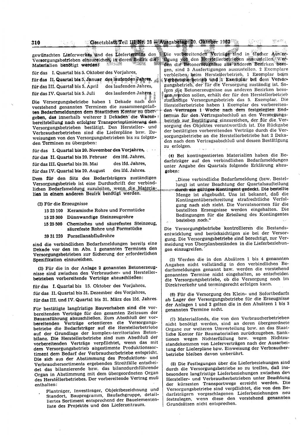 Gesetzblatt (GBl.) der Deutschen Demokratischen Republik (DDR) Teil ⅠⅠⅠ 1962, Seite 310 (GBl. DDR ⅠⅠⅠ 1962, S. 310)