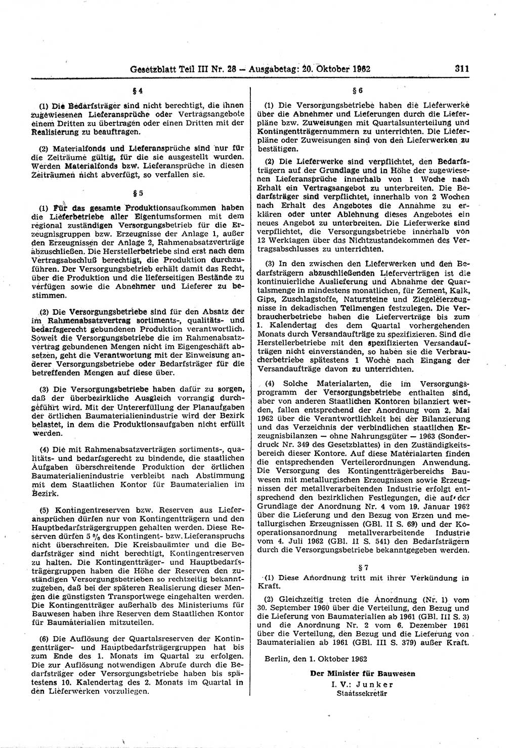 Gesetzblatt (GBl.) der Deutschen Demokratischen Republik (DDR) Teil ⅠⅠⅠ 1962, Seite 311 (GBl. DDR ⅠⅠⅠ 1962, S. 311)
