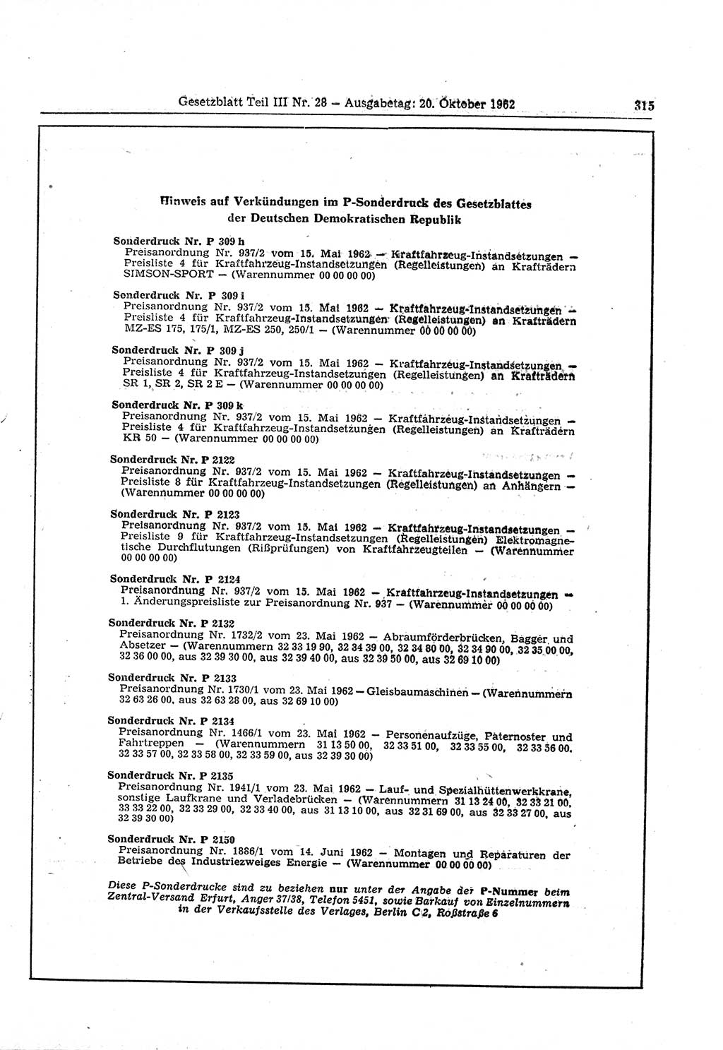 Gesetzblatt (GBl.) der Deutschen Demokratischen Republik (DDR) Teil ⅠⅠⅠ 1962, Seite 315 (GBl. DDR ⅠⅠⅠ 1962, S. 315)