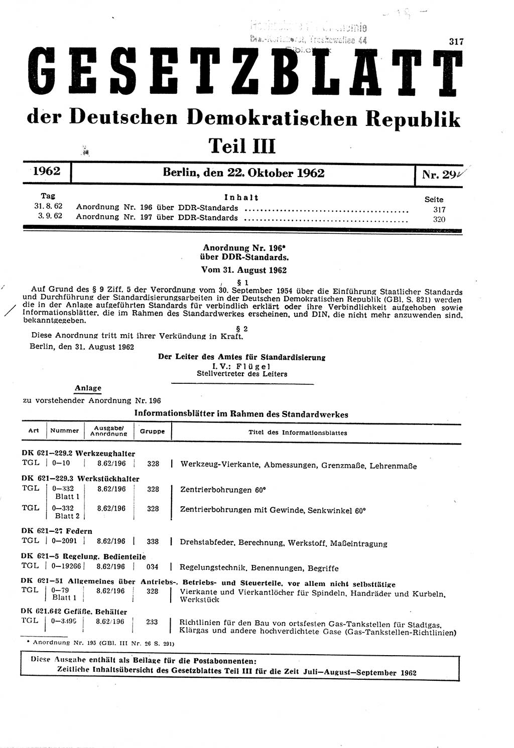 Gesetzblatt (GBl.) der Deutschen Demokratischen Republik (DDR) Teil â… â… â… 1962, Seite 317 (GBl. DDR â… â… â… 1962, S. 317)