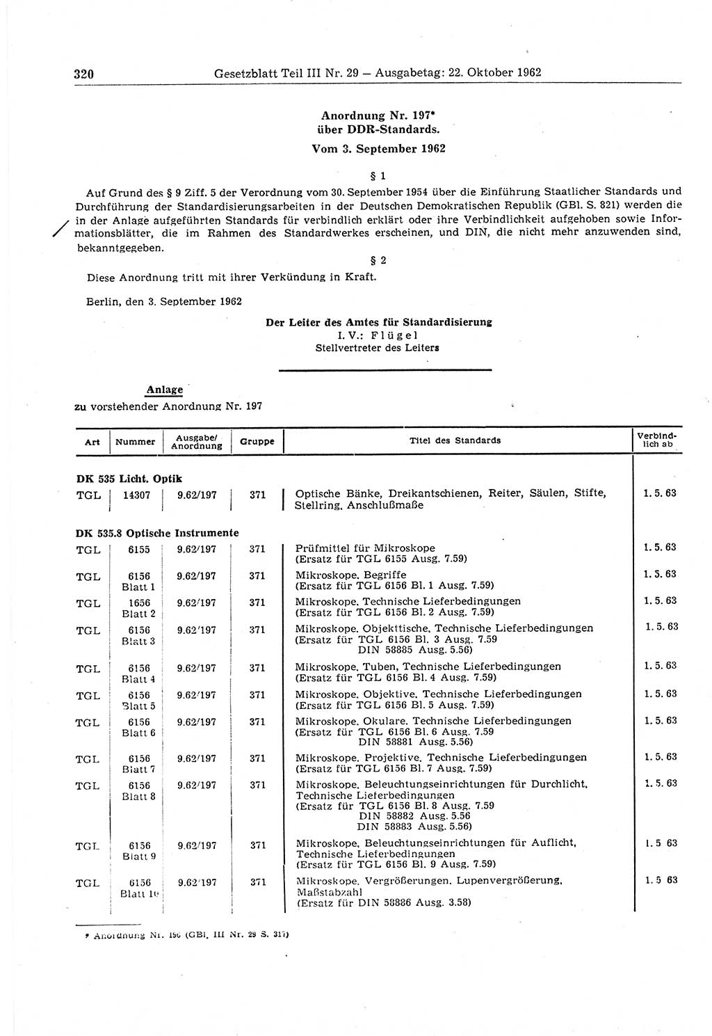 Gesetzblatt (GBl.) der Deutschen Demokratischen Republik (DDR) Teil ⅠⅠⅠ 1962, Seite 320 (GBl. DDR ⅠⅠⅠ 1962, S. 320)