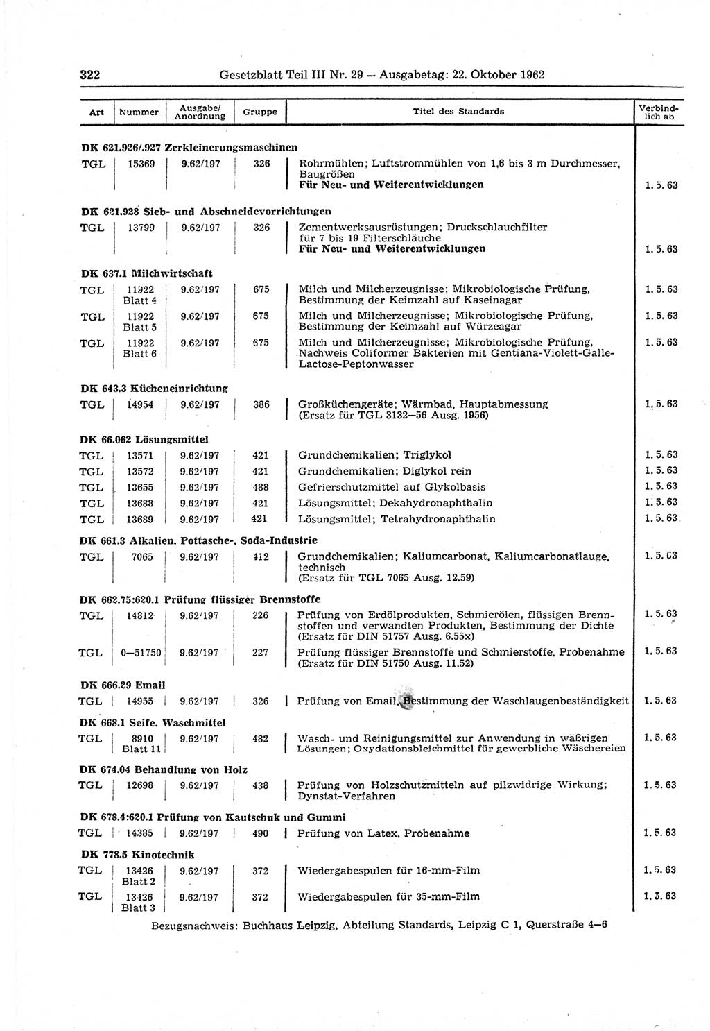 Gesetzblatt (GBl.) der Deutschen Demokratischen Republik (DDR) Teil ⅠⅠⅠ 1962, Seite 322 (GBl. DDR ⅠⅠⅠ 1962, S. 322)