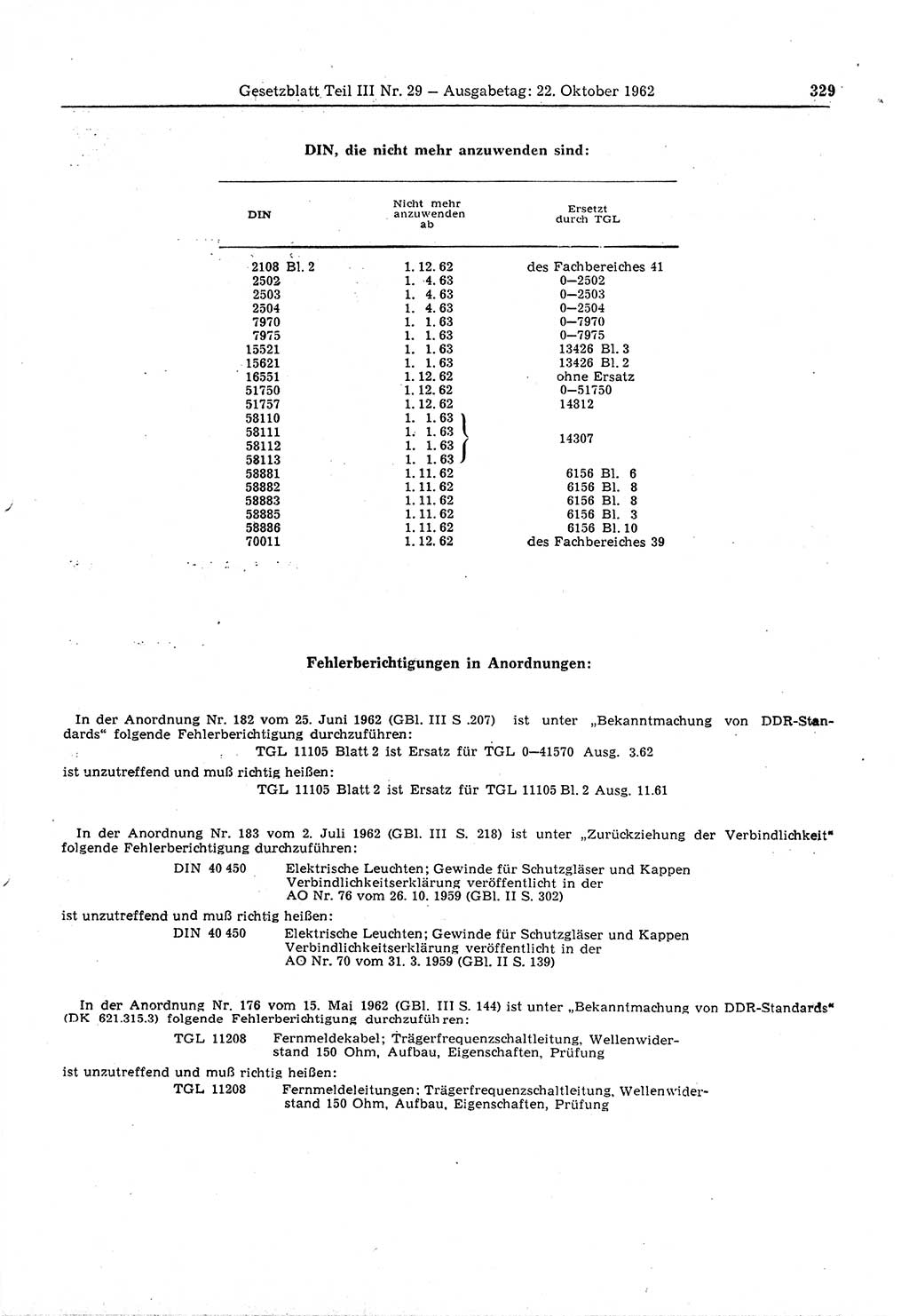 Gesetzblatt (GBl.) der Deutschen Demokratischen Republik (DDR) Teil ⅠⅠⅠ 1962, Seite 329 (GBl. DDR ⅠⅠⅠ 1962, S. 329)