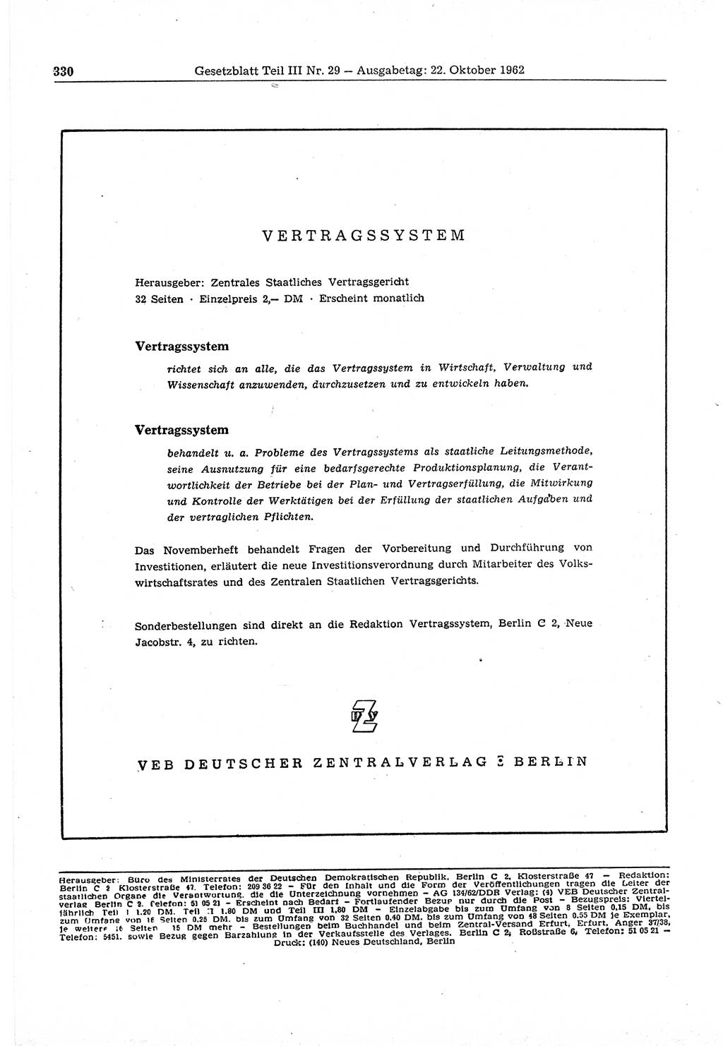 Gesetzblatt (GBl.) der Deutschen Demokratischen Republik (DDR) Teil ⅠⅠⅠ 1962, Seite 330 (GBl. DDR ⅠⅠⅠ 1962, S. 330)