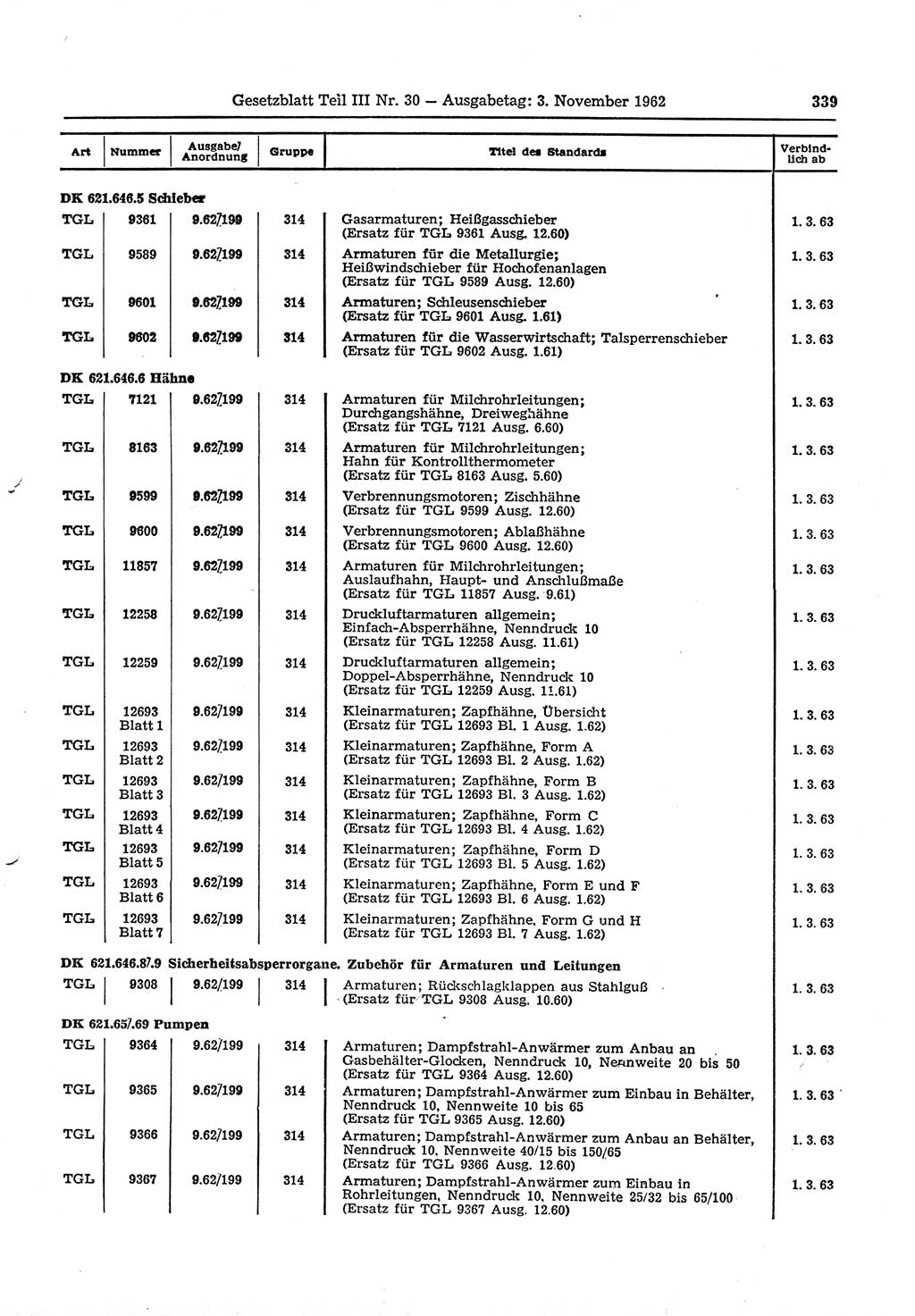 Gesetzblatt (GBl.) der Deutschen Demokratischen Republik (DDR) Teil ⅠⅠⅠ 1962, Seite 339 (GBl. DDR ⅠⅠⅠ 1962, S. 339)