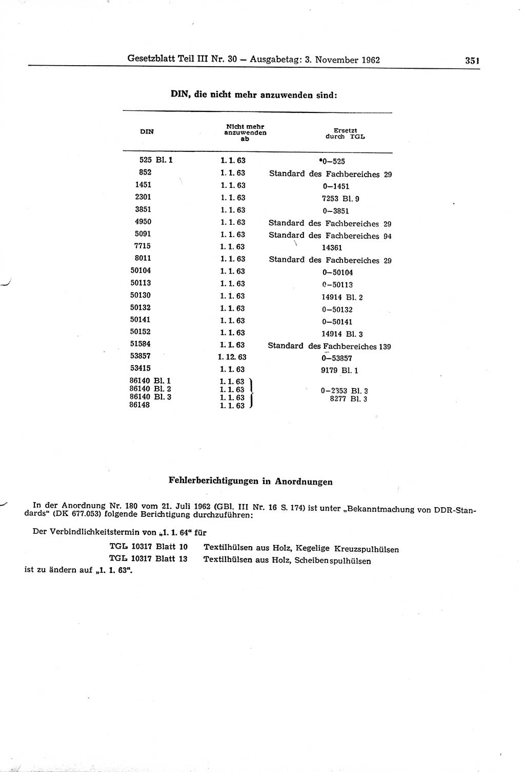 Gesetzblatt (GBl.) der Deutschen Demokratischen Republik (DDR) Teil ⅠⅠⅠ 1962, Seite 351 (GBl. DDR ⅠⅠⅠ 1962, S. 351)