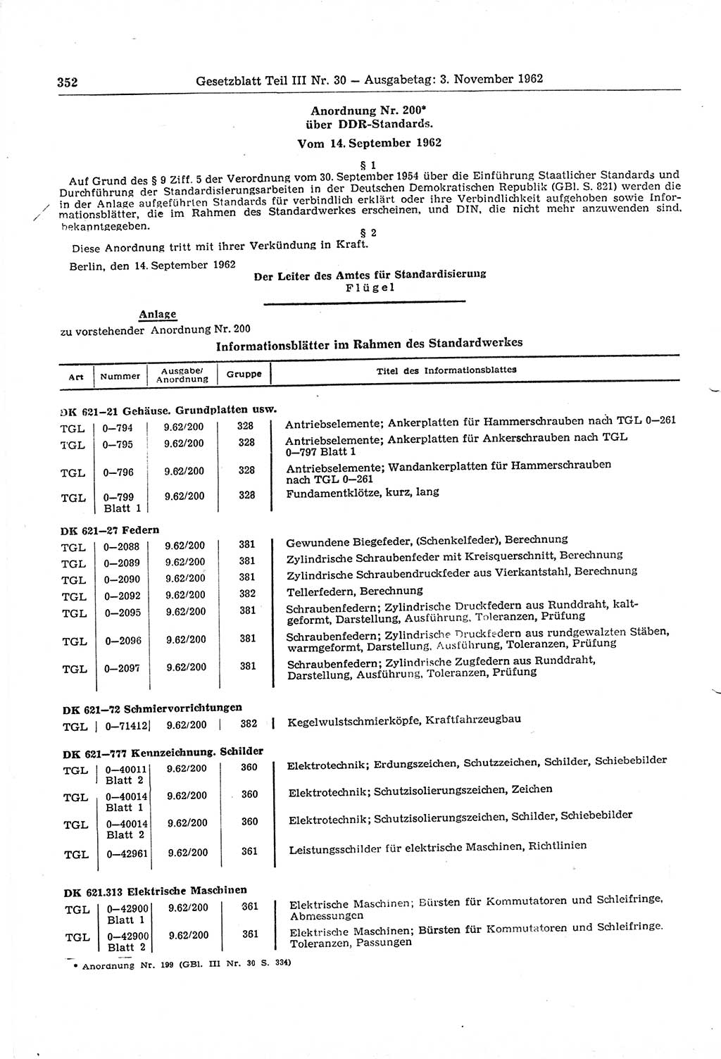 Gesetzblatt (GBl.) der Deutschen Demokratischen Republik (DDR) Teil ⅠⅠⅠ 1962, Seite 352 (GBl. DDR ⅠⅠⅠ 1962, S. 352)