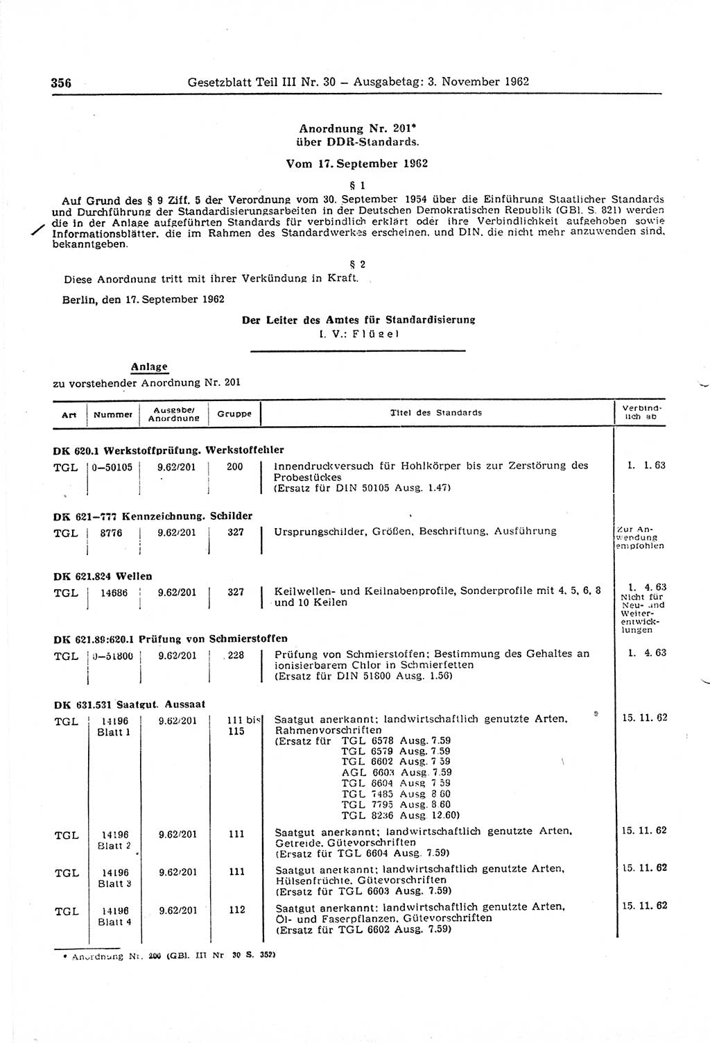 Gesetzblatt (GBl.) der Deutschen Demokratischen Republik (DDR) Teil ⅠⅠⅠ 1962, Seite 356 (GBl. DDR ⅠⅠⅠ 1962, S. 356)