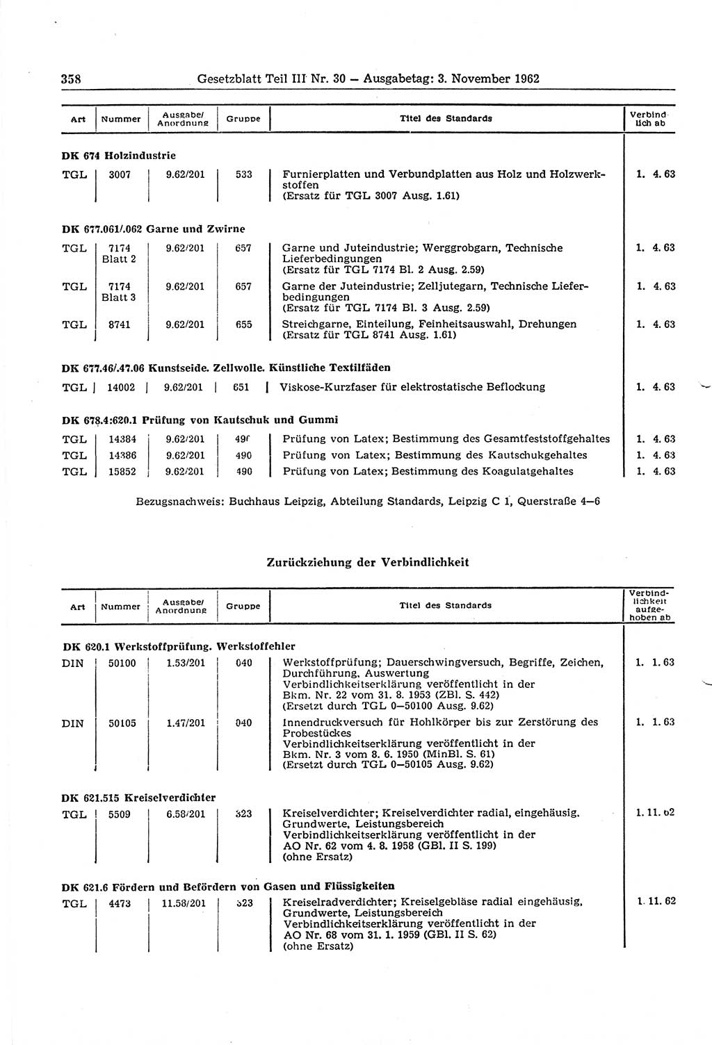 Gesetzblatt (GBl.) der Deutschen Demokratischen Republik (DDR) Teil ⅠⅠⅠ 1962, Seite 358 (GBl. DDR ⅠⅠⅠ 1962, S. 358)