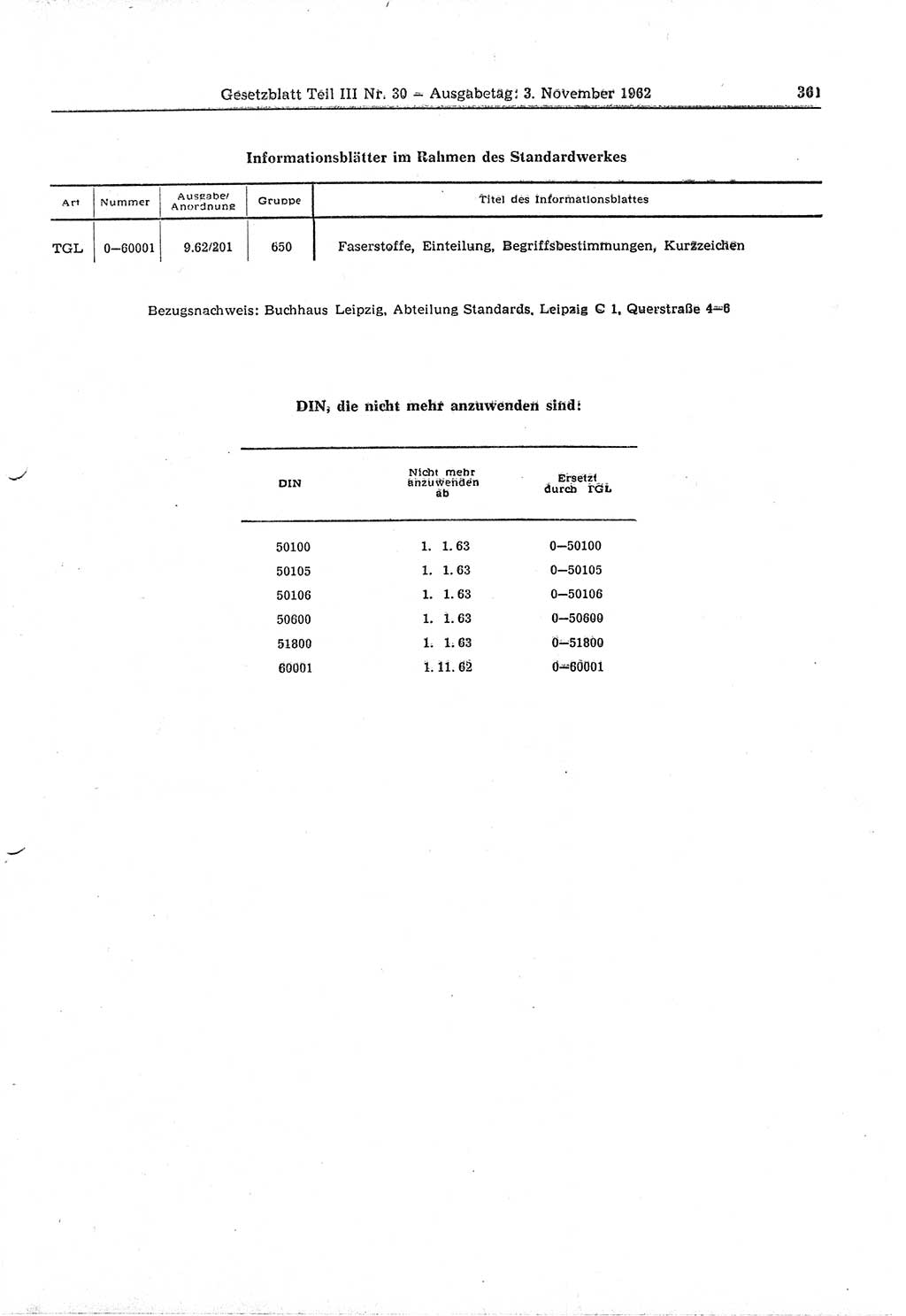 Gesetzblatt (GBl.) der Deutschen Demokratischen Republik (DDR) Teil ⅠⅠⅠ 1962, Seite 361 (GBl. DDR ⅠⅠⅠ 1962, S. 361)