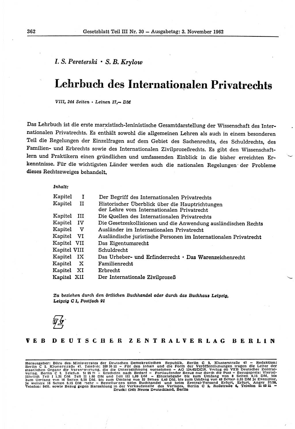 Gesetzblatt (GBl.) der Deutschen Demokratischen Republik (DDR) Teil ⅠⅠⅠ 1962, Seite 362 (GBl. DDR ⅠⅠⅠ 1962, S. 362)