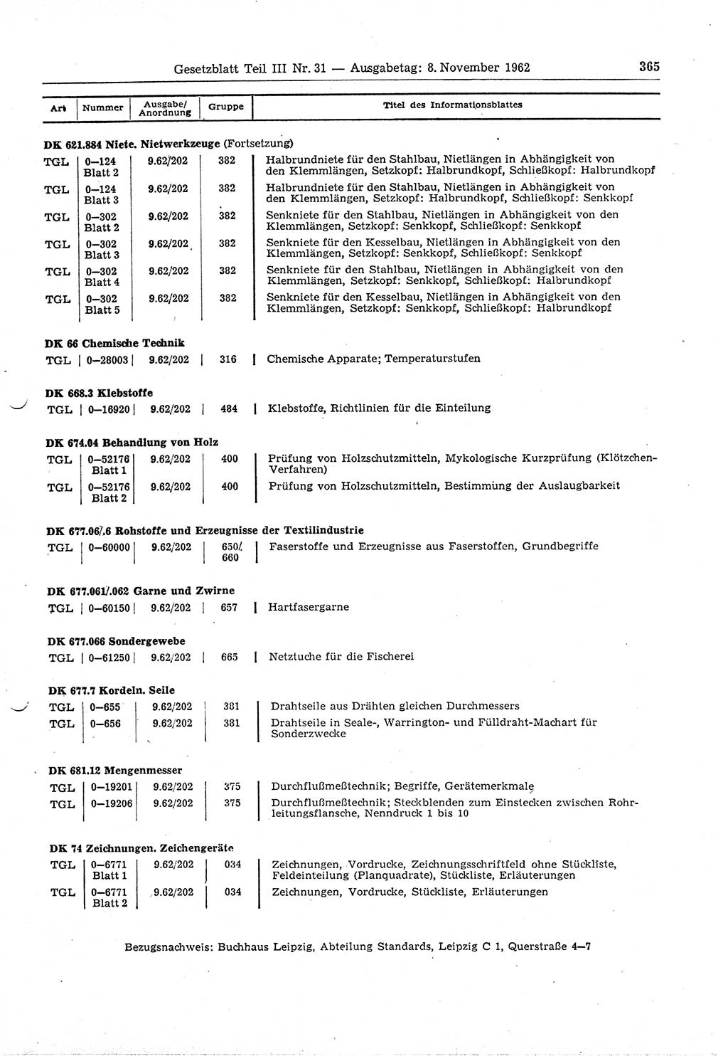 Gesetzblatt (GBl.) der Deutschen Demokratischen Republik (DDR) Teil ⅠⅠⅠ 1962, Seite 365 (GBl. DDR ⅠⅠⅠ 1962, S. 365)