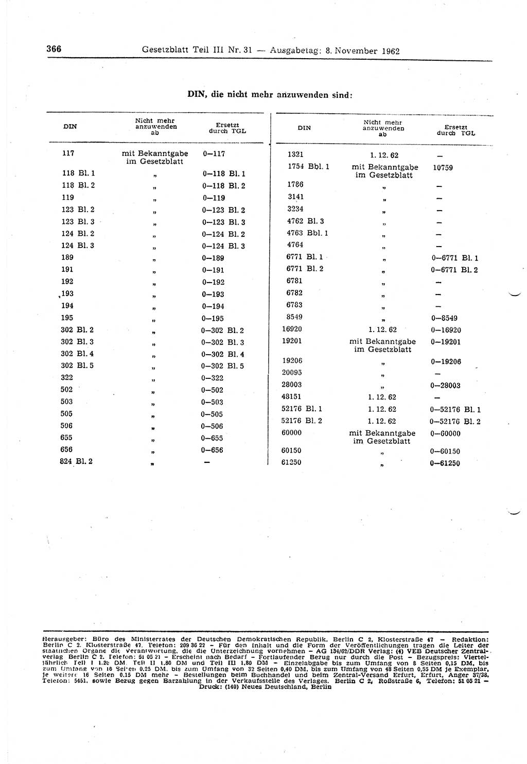 Gesetzblatt (GBl.) der Deutschen Demokratischen Republik (DDR) Teil ⅠⅠⅠ 1962, Seite 366 (GBl. DDR ⅠⅠⅠ 1962, S. 366)