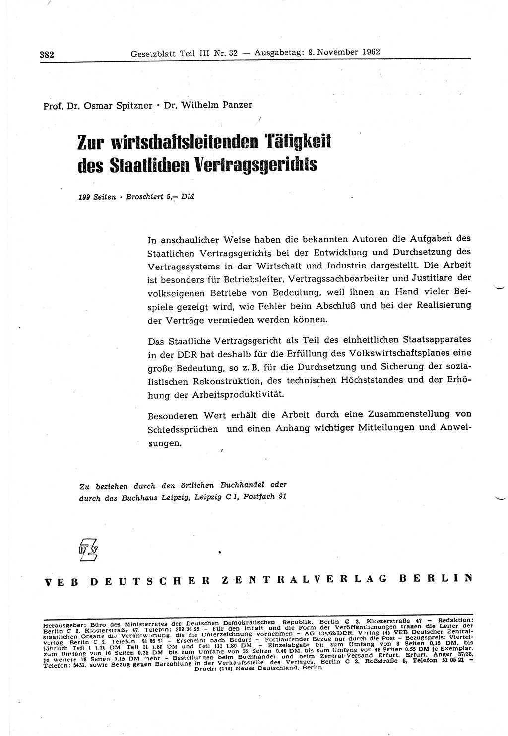 Gesetzblatt (GBl.) der Deutschen Demokratischen Republik (DDR) Teil ⅠⅠⅠ 1962, Seite 382 (GBl. DDR ⅠⅠⅠ 1962, S. 382)