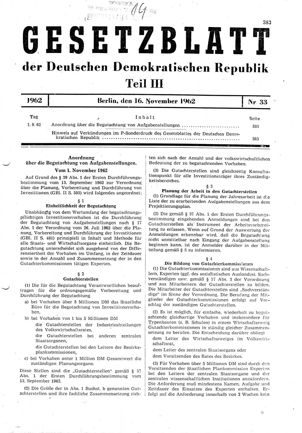 Gesetzblatt (GBl.) der Deutschen Demokratischen Republik (DDR) Teil ⅠⅠⅠ 1962, Seite 383 (GBl. DDR ⅠⅠⅠ 1962, S. 383)